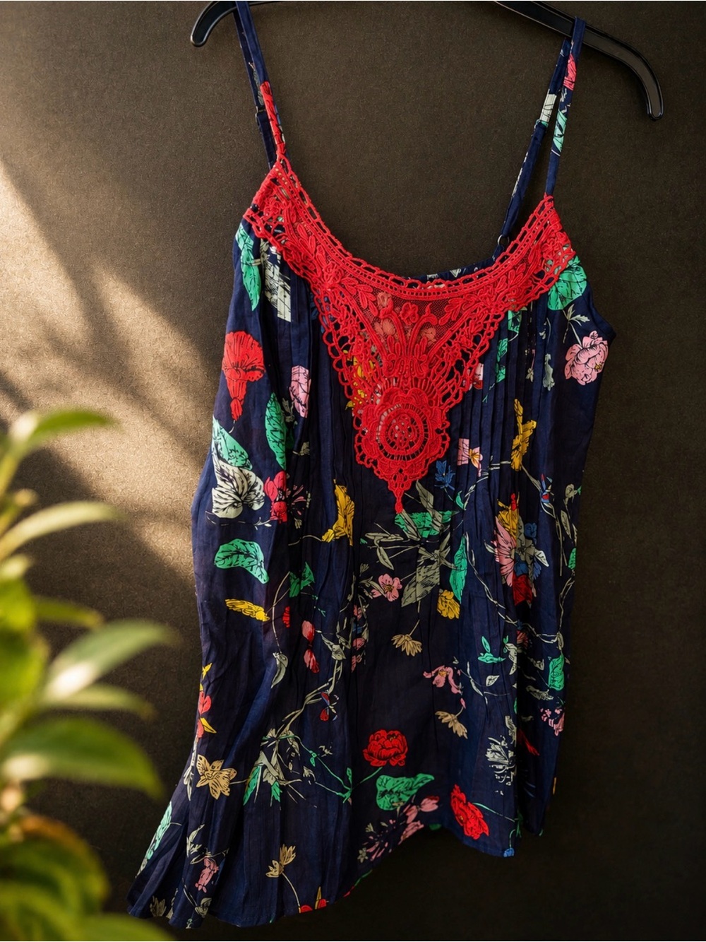 Navy Floral Camisole with Red Crochet Bib